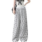 Veryin Women's Wide Leg Pants Plaid Lounge Pants High Waist Straight Casual Loose Checkered Trousers with Pockets