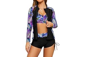 SHEKINI Women's 3 Piece Rash Guard Long Sleeve Bathing Suits with Drawstring Short