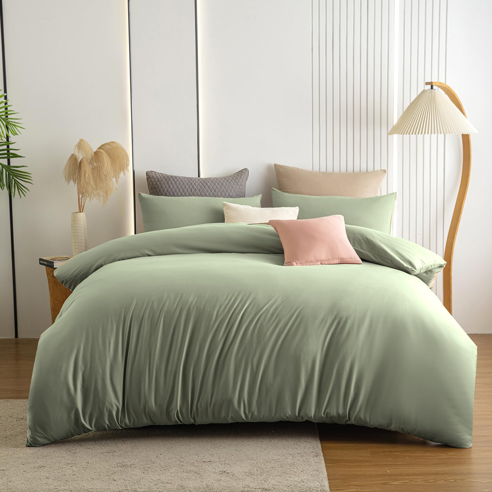 Soifox King Size Duvet Cover Set - Sage Green Bedding Set KingSize Bed with Zipper Closure, Soft Microfiber Quilt Cover with 2 Pillowcases