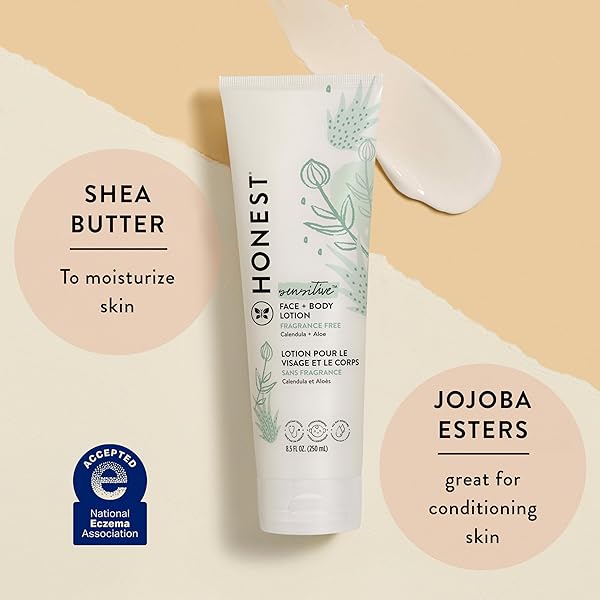 THE HONEST COMPANY HYDRATING FACE AND BODY LOTION, FAST ABSORBING, NATURALLY DERIVED, HYPOALLERGENIC, FRAGRANCE-FREE, SENSITIVE, 8.5 FL OZ
