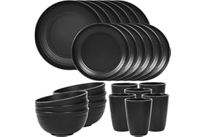 Quatish 24 Plastic Piece Plates and Bowls Sets of 6, Unbreakable Plastic Dinnerware Sets, Dish Set for Camping, Dishwasher Mi