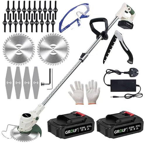 Cordless Grass Strimmer with Battery and Fast Charger,21V Powerful Electric Garden Grass Trimmer Rechargeable Lightweight Yard Brush Cutter with Metal Blades,Suitable for Gardens, Villas, Lawns