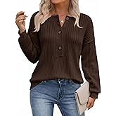 Saodimallsu Womens Henley Sweater Tops Fall Button Crew Neck Long Sleeve Trendy Loose Ribbed Knit Pullover Sweaters