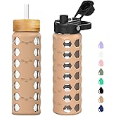 MUKOKO Glass Water Bottles, 24oz Glass Tumbler with Straw, Drinking Bottles with 2 Lids-Handle Spout Lid&Bamboo Straw Lid, Motivational Water Bottle with Time Marker and Silicone Sleeve, 1 Pack-Amber