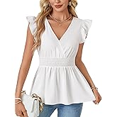 LYANER Women's Elegant V Neck Shirred Elastic Waist Ruffle Cap Sleeve Wrap Blouse Babydoll Peplum Tops