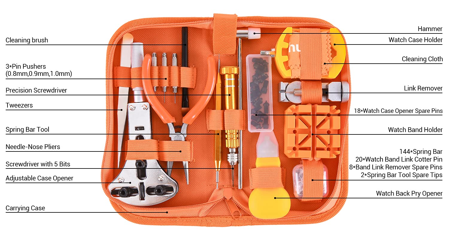 Watch Tool Kit, Ohuhu 213 PCS Upgraded Heavy Duty Watch Repair Kit Battery Replacement Link Removal Band Tool Kits Professional Watch Back Case Opener Removal Tools with PU Leather Bag Fathers Day
