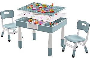 DOREROOM 4 in 1 Kids Table and 2 Chairs Set with Storage, Toddler Table and Chair Set for Kids Ages 3-10, Graffiti & Building Blocks Double-Sided Tabletop (Grayish Blue, 2 Chairs)