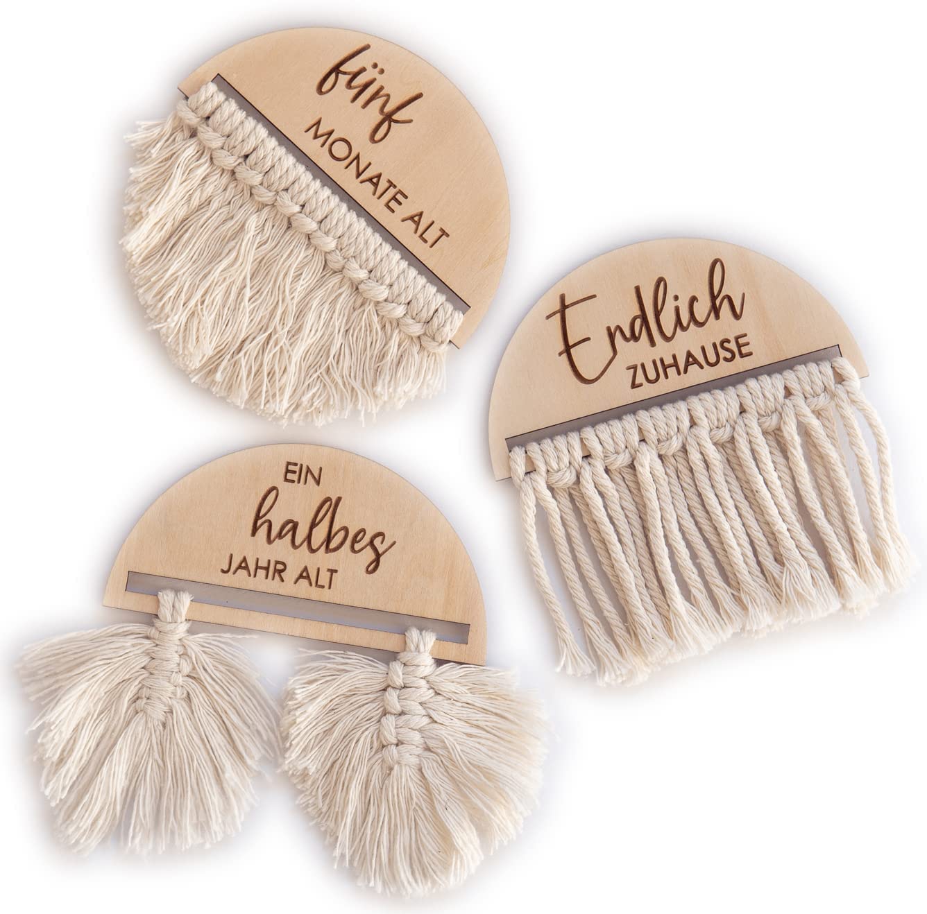 Mikito Macrame Wood Disc DIY Kit - 20 Weeks/Months Cards with 10 Laser Engraved Discs & 130 Pcs Macrame Yarn - DIY Baby Shower Activity and Decoration, Unisex, Modern Style