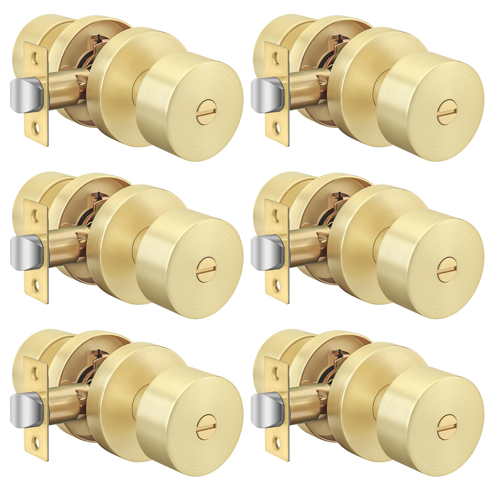 Photo 1 of Goldenwarm Gold Door Knobs Interior, Zinc-Alloy Brushed Gold Interior Privacy Door Knobs, Brushed Brass Indoor Doorknobs, Heavy Duty Round Satin Brass Doorknobs for Bedroom, Bathroom, 6 Pack
