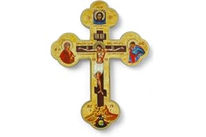 BlessedMart Ukrainian Orthodox Wall Cross - Wooden Byzantine Crucifix with Theotokos and St John for Home Altar - 8 Inch