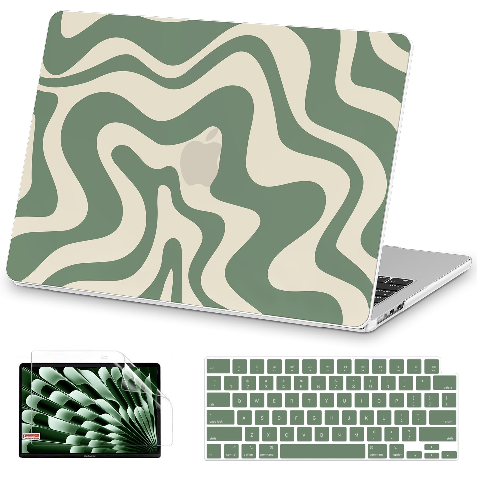 Photo 1 of AKIT Compatible with MacBook Air 15 Inch Case 2025 2024 2023 M4 M3 M2 A3241 A3114 A2941, Unique Pattern Plastic Hard Shell Laptop Case+Keyboard Cover+Screen Protector for Mac Air 15 Inch, Green Wave