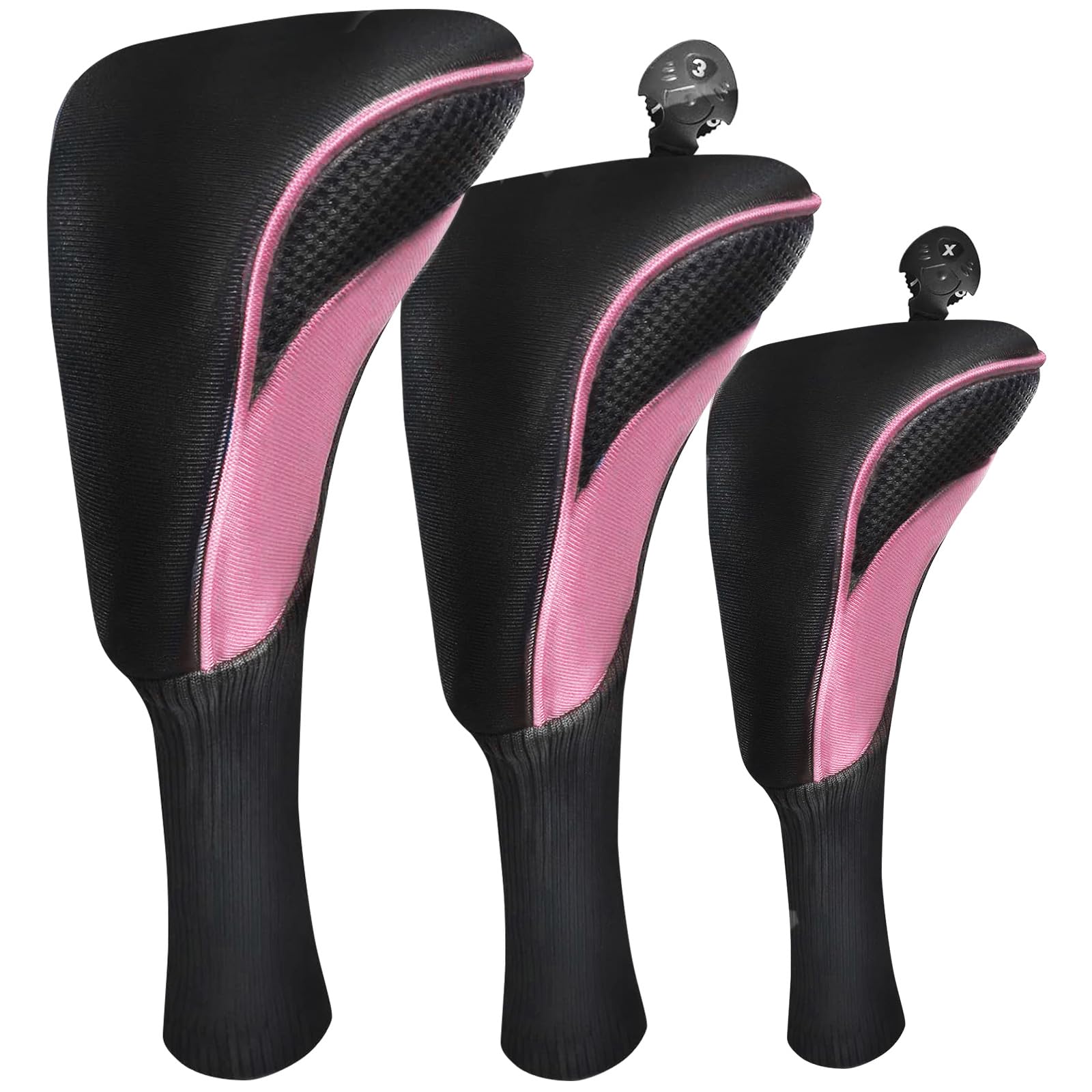 FINGER TEN Golf Club Head Covers for Woods Long Cover Driver Hybrid Fairway, Headcovers with Interchangeable No. Tag Novelty Durable Fit Woods Clubs (Pink-3 pack (1 Driver& 1 Fairway&1 Hybrid))