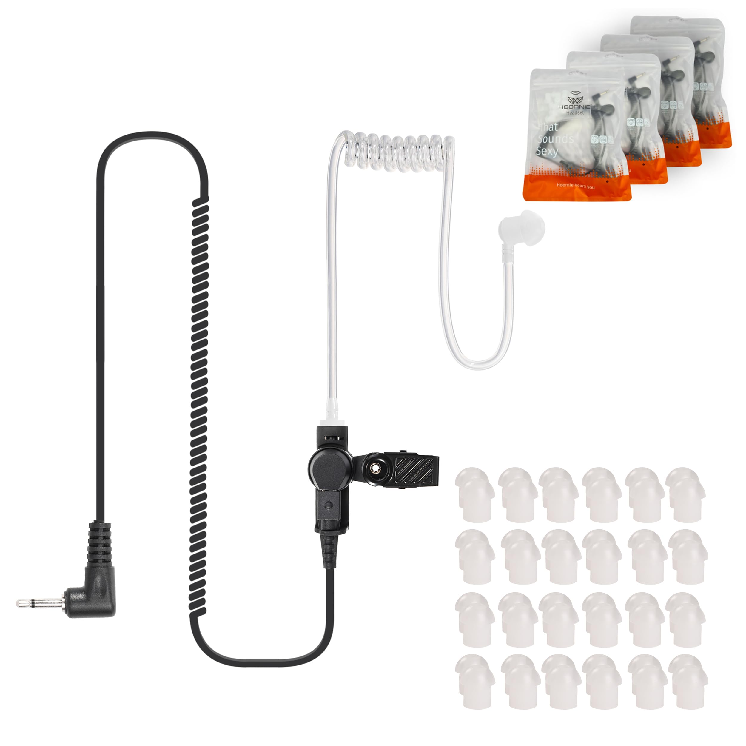 Hoornie® Earphones (Pack of 4) Sound Tube with 3.5 mm Jack - Transparent with Retaining Clip and 10x Free Earplugs - Headphones Headset for Radios