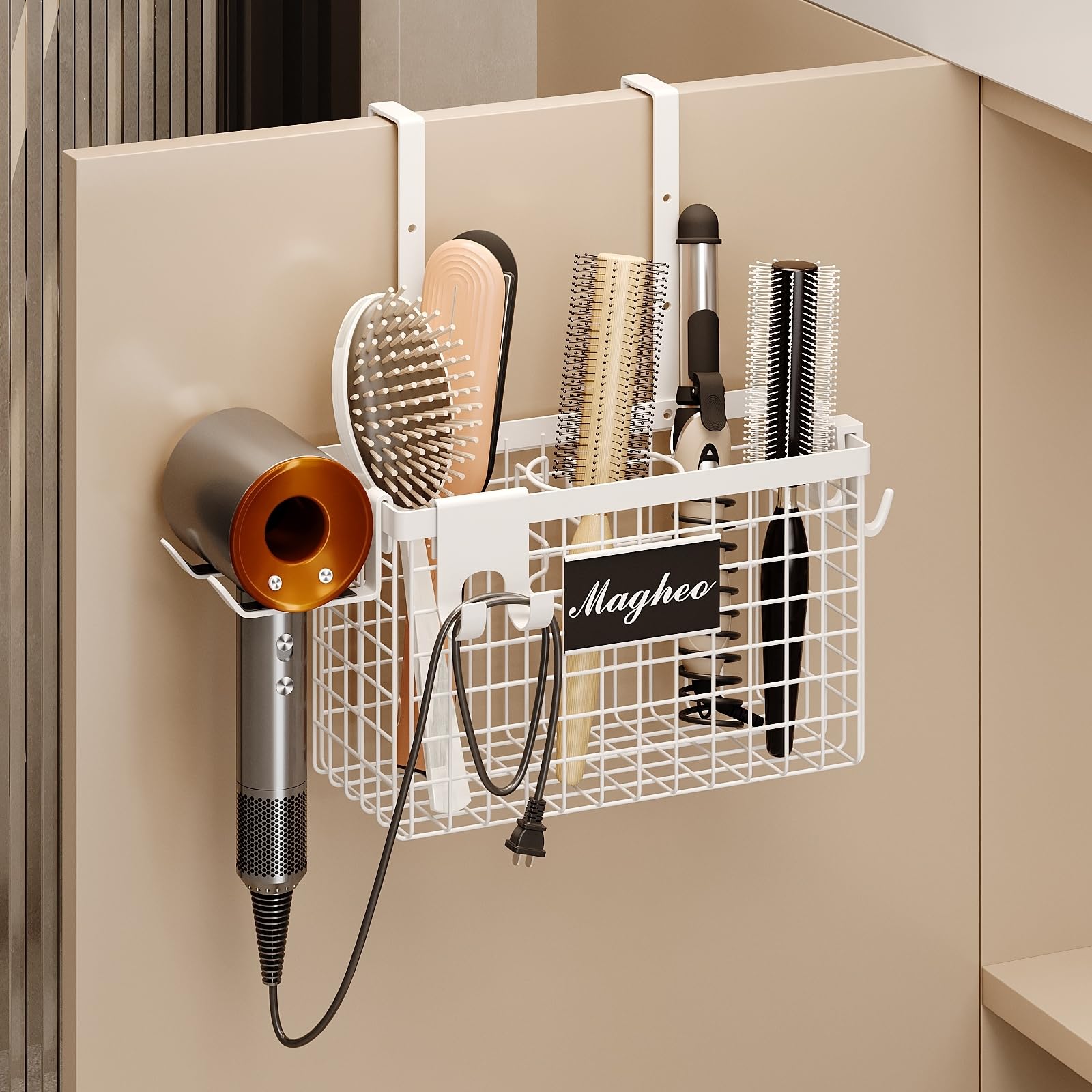 Photo 1 of Magheo Hair Dryer Holder Cabinet Door 3-in-1 Adhesive Hair Tool Organizer Wall Mounted Adjustable Height Blow Dryer Holder Under Sink Bathroom Hair Appliance Organizer and Storage Countertop(White)