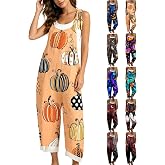 LVOFTJU Halloween Jumpsuits for Women Spaghetti Strap Womens Rompers Holiday Wide Leg Ghost Pumpkin Overalls with Pockets
