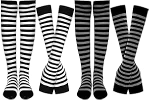 SATINIOR 4 Pairs Women's Striped Arm Warmer Long Striped Socks Knit Fingerless Gloves Set Winter Costume (Black-White, Black-Gray)