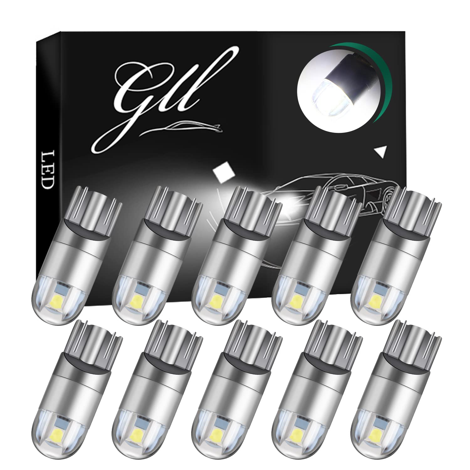 GLL 10PCS T10 LED Bulbs 12V 501 W5W LED Sidelight Bulbs Super Bright 120LM 6500K White, Non-Polarity for Car Interior Dome, Map, License Plate, Side Marker Lights [Non-CANbus]