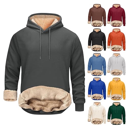 Fleece Hoodies for Men UK, Fleece Lined Hoody Sweatshirt, Trendy Long Sleeve Hooded Pullover Tops, Plain Warm Sweater with Drawstring Casual Solid Colour Hoodies Soft Cozy Sweatshirts Sportswear
