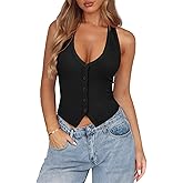 Pungdra Womens Button Down Tank Top for Women Ribbed Button Up Halter Fitted Vest Summer Sexy Trendy Cute Crop Going Out Tops