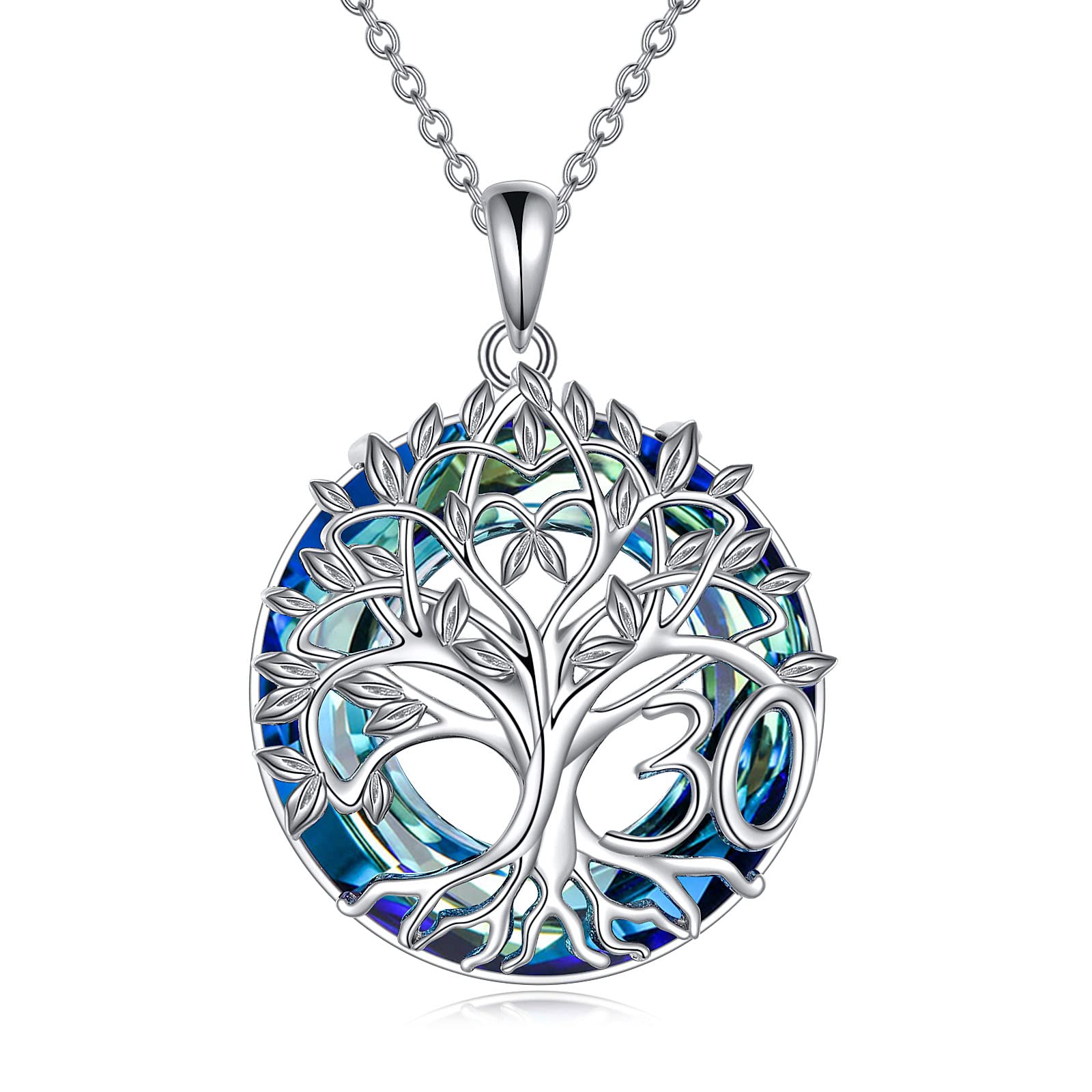 YFN 30th Birthday Gifts for Women Sterling Silver Tree of Life Necklace with Blue Crystal Mothers Day Christmas Jewellery for Mother Wife Girlfriend