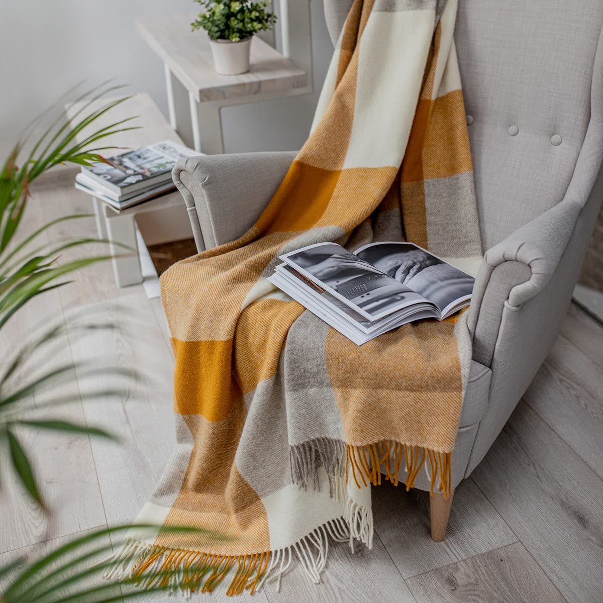 Linen & Cotton Warm Checked Wool Throw Blanket Devon -100% Pure New Zealand Wool, Beige Natural Mustard Yellow (140 x 200 cm) Plaid For Sofa Bed Couch Settee Armchair Bedspread Single Double Lambswool