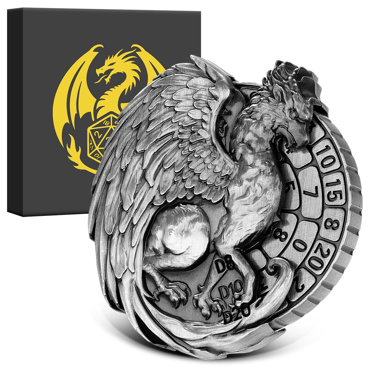 7-in-1 Griffin Fingertip Gyro, DND Wheel Dice Spiner, DND Starter Set, 7-in-1 Metal D&D Dice Set, D&D Gifts with Dragon Logo Gift Box, Tabletop Games, Role Playing Board Game Accessories, Silver