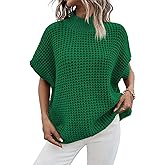 Pink Queen Women's Mock Neck Batwing Short Sleeve Loose Oversized Knit Pullover Sweater Vest Jumper Tops