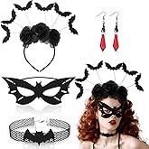 Suncalla 4 Pcs Halloween Gothic Black Bat Costume Accessories, Bat Headband Earrings Collar Cosplay Outfit Mask for Party