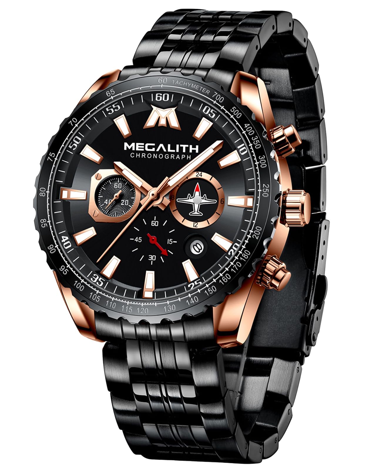 MEGALITH Mens Watches Military Designer Black Large Face Analogue Watch for Men Waterproof Stainless Steel Wrist Watch Luminous Date Gents Watches