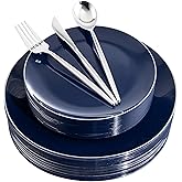 I00000 150Pcs Blue Plastic Plates,Hanukkah Plastic Plates,Navy Blue Disposable Plates with Silverware include 30 Dinner Plates10.25,30 Dessert Plates10.25,90 Silver Silverware Set for Party
