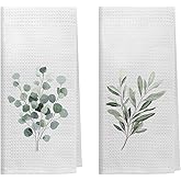 Kemingni Watercolor Botanical Kitchen Dish Towels, Light Green Eucalyptus and Olive Leaves Decorative Hand Towels for Bathroom Kitchen, Plant Bathroom Decor, 16x24 Inch Set of 2