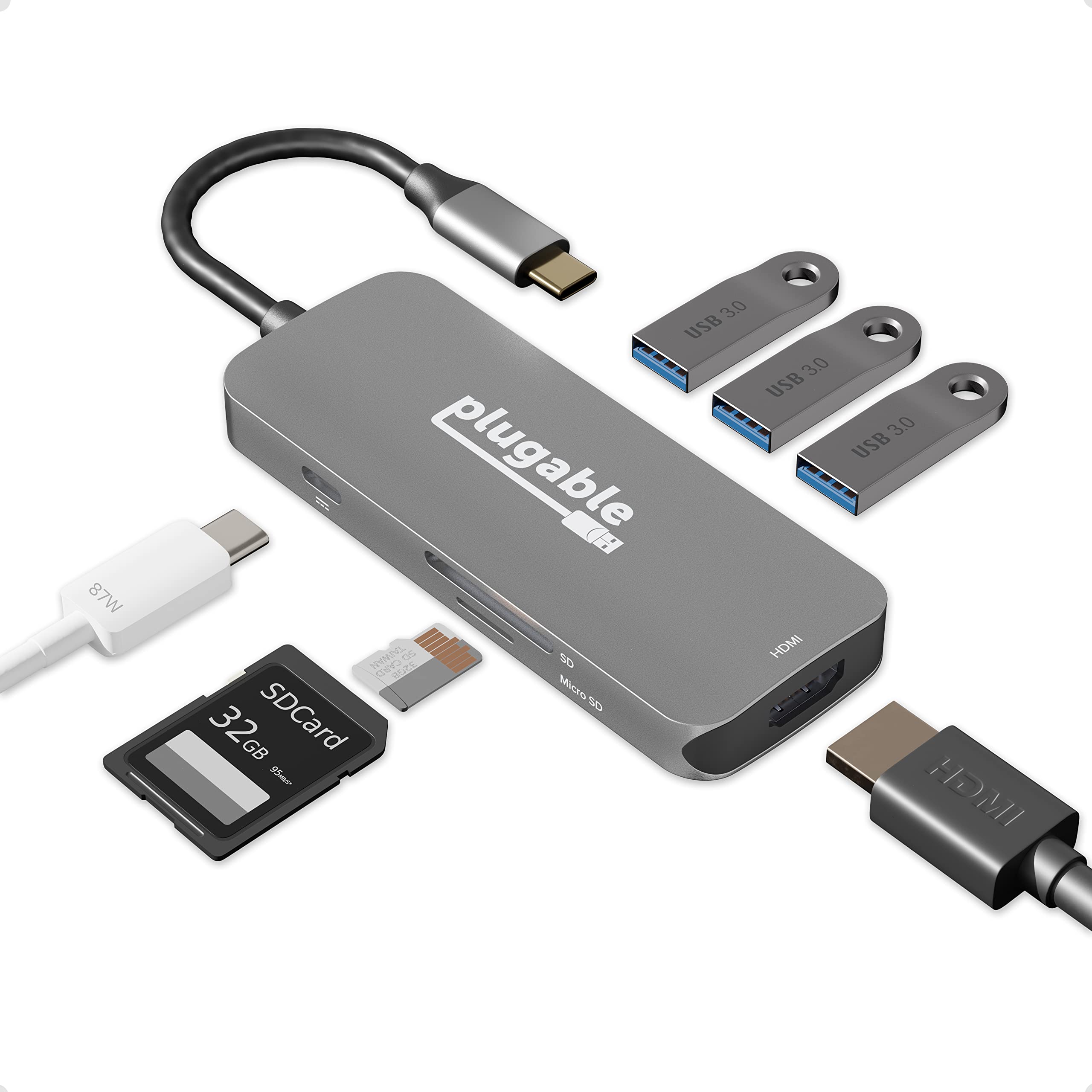 Plugable USB-C Hub 7-in-1, Driverless USB C Hub Compatible with Mac, Windows, Chromebook, USB4, Thunderbolt 4, and More (4K HDMI, 3 USB 3.0, SD & microSD Card Reader, 100W Charging)