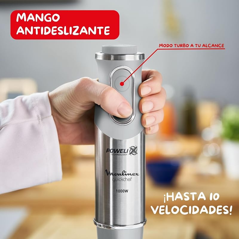 Quickchef, Liquidificador manual + Espátula, Pé de metal, 1000 W, 10 velocidades, Lâminas Powelix, picador de 500 ml, copo medidor de 800 ml, DD655DES Cinza