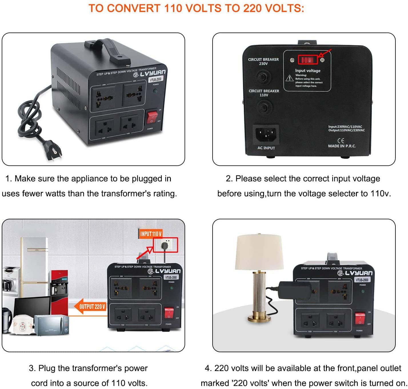Voltage Transformer Converter 2000 Watt Step Up/Down Convert from 110-120 Volt to 220-240 Volt and from 220-240 Volt to 110-120 Volt with 2 US Outlets, 2 Universal Outlets