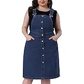 Agnes Orinda Plus Size Denim Overall Dress for Women Button Front Adjustable Strap Suspender Skirt