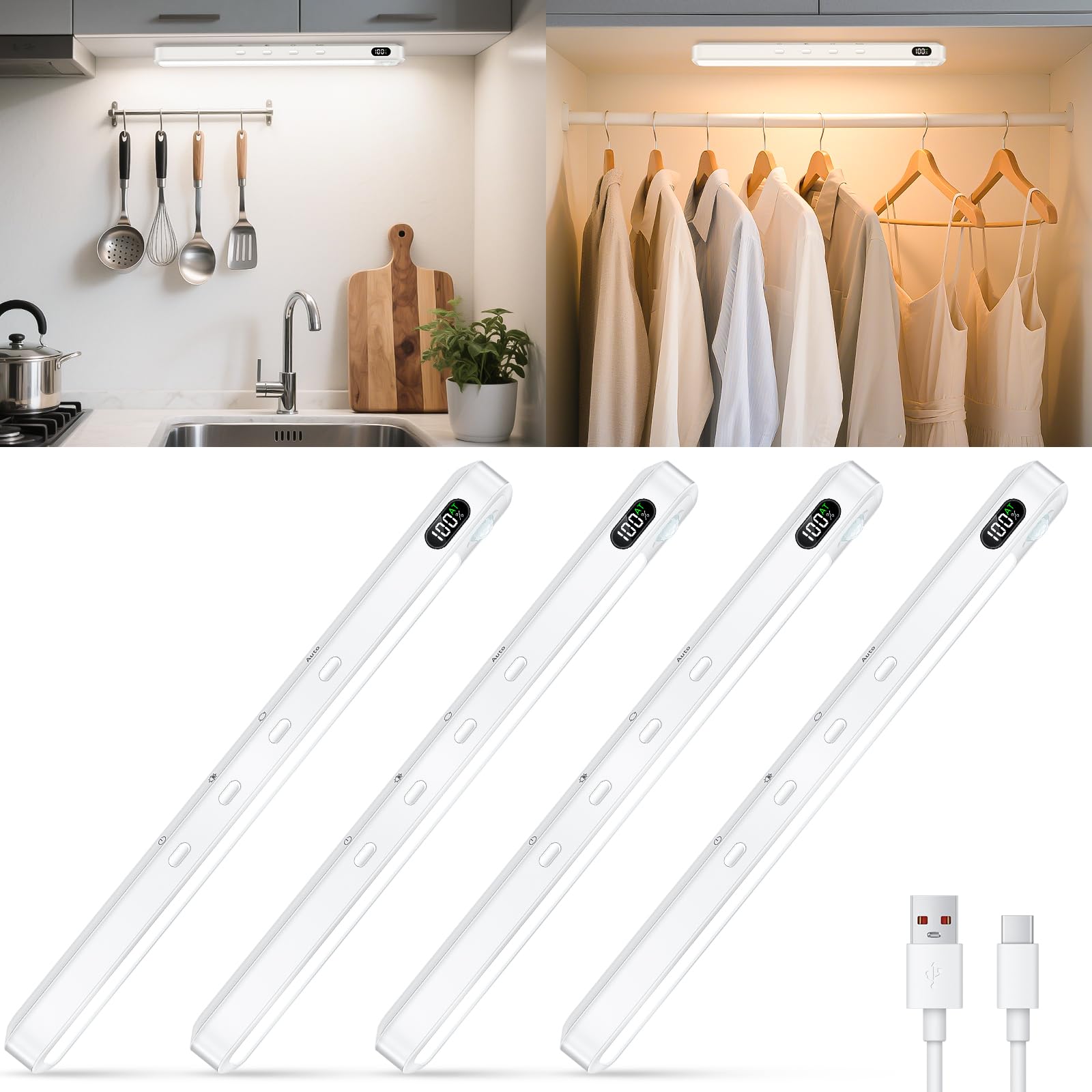 Photo 1 of WILLED Under Cabinet & Closet Lights, Motion Sensor, Rechargeable, Magnetic, 3 Color Temps, Dimmable LED Light Bar for Indoor Kitchen Counter (4 Pack, White)