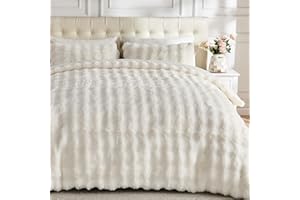 Lotus Karen Fluffy Comforter Queen Set Cover Set-Rabbit Fluff Faux Fur Duvet Cover Queen Size,Cream White Plush Fuzzy Furry Bedding Sets 3Pieces(1 Duvet Cover & 2 Pillow Shams),Zipper Closure