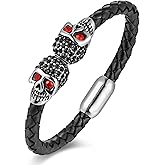 YL Mens Skull Ruby Leather Bracelet, 18K Gold/Black Rhodium Plated Double Skeleton Red CZ Cuff Stainless Steel Handcrafted Jewelry Gifts