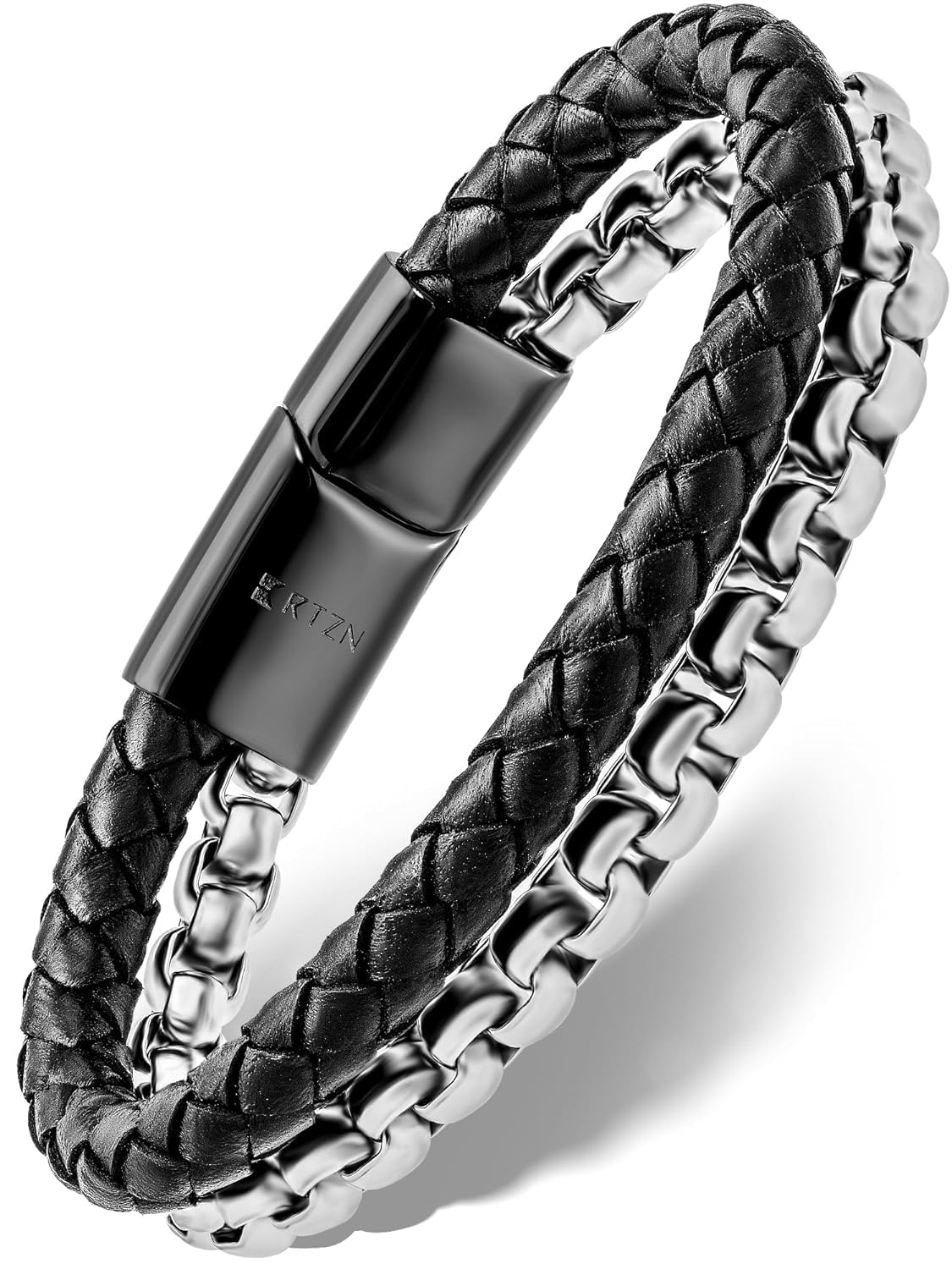 RTZN Black Leather Bracelet for Men – Premium Artisan Handcrafted Black Braided Leather Bracelet – Authentic Stacked Black Mens Leather Bracelet (Large) Image
