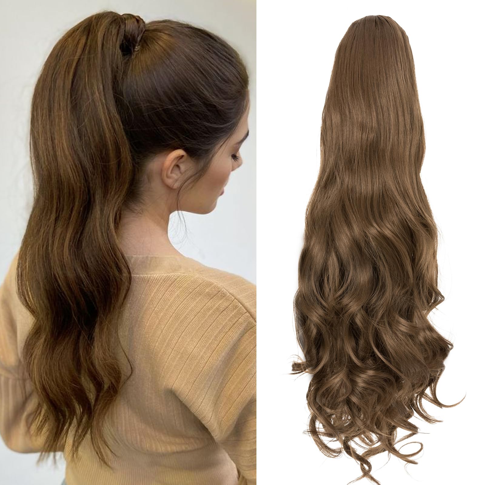 Benehair Ponytail Extensions 24 Inch Long Curly Wavy Drawstring Ponytail Synthetic Clip in Ponytail Hair Extensions Middle Brown Hairpieces for Women(Middle Brown, 160g)
