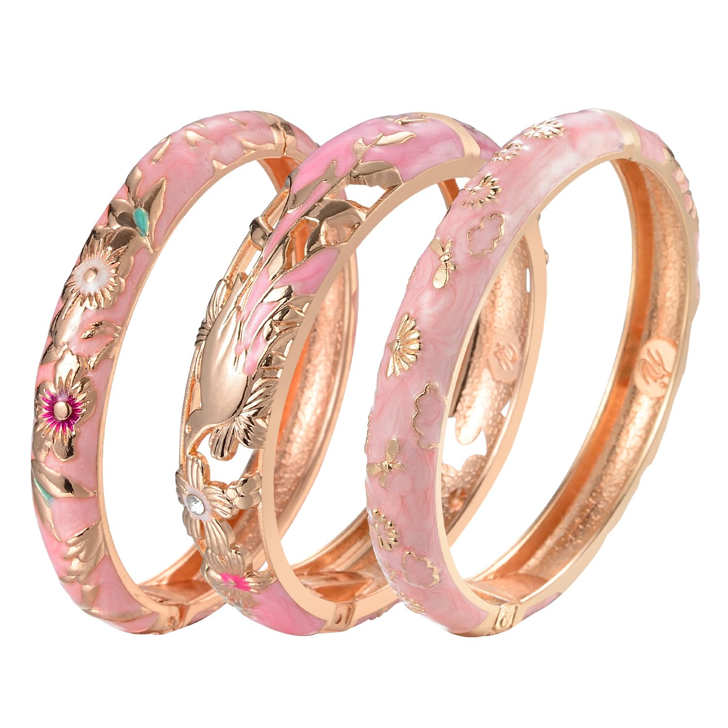 UJOY Vintage Cloisonne Bangle Exquisited Flower Enameled Open Cuff Bangle Thin Wrist Bracelet for Women, 3PCS Rose gold bracelet for women, Pink Mum Bracelet