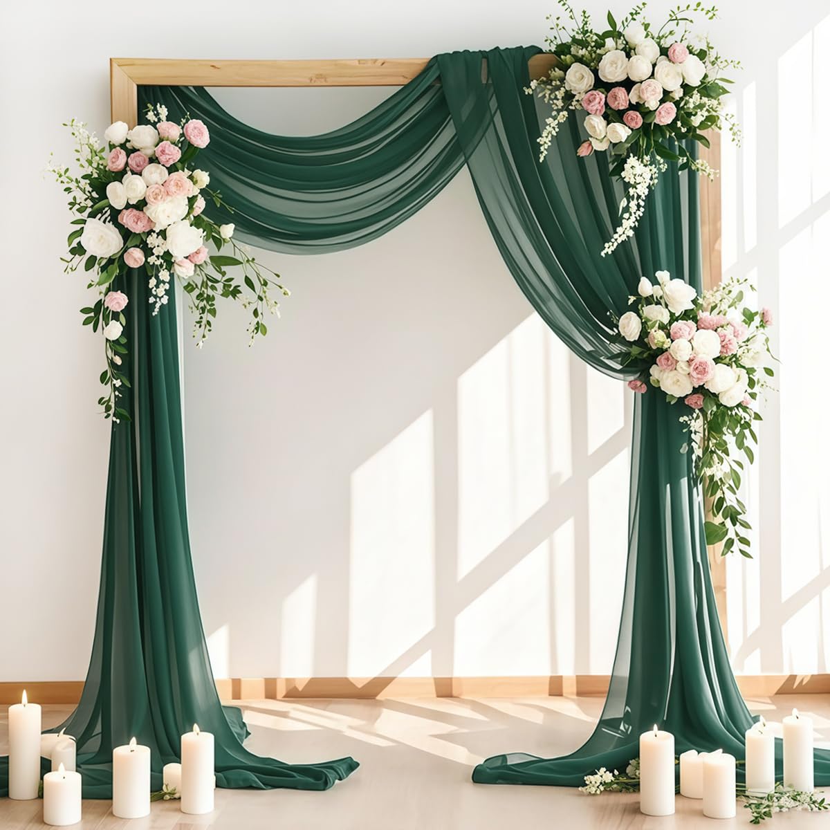 Photo 1 of LINXTAR Wedding Arch Draping Fabric 2 Panels 30'' x 18FT Emerald Green Sheer Chiffon Arch Drapery for Photo Booth Bridal Shower Baby Shower Church Decor Newborn Photography Christening Outdoor Party