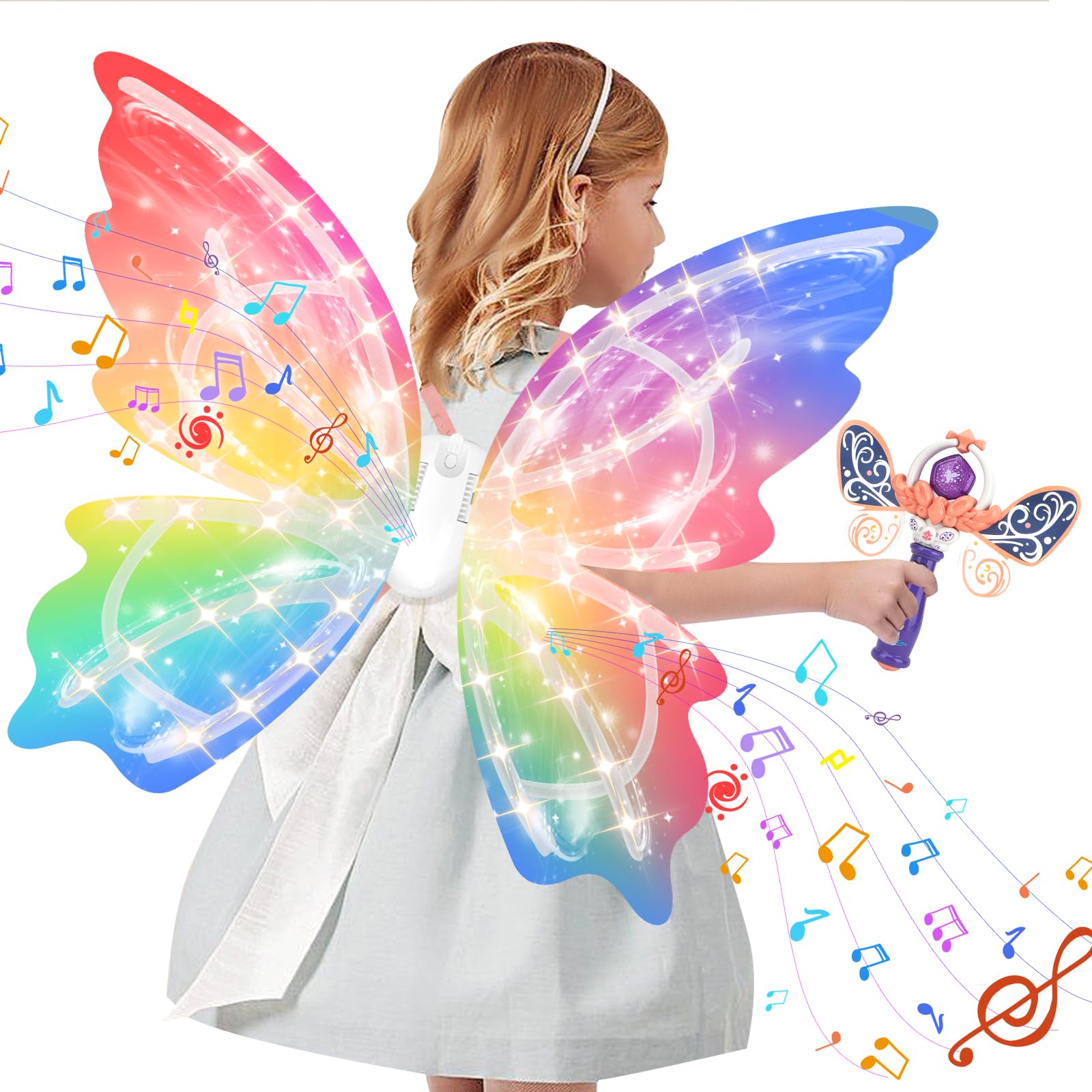 Electric Fairy Wings and princess wand for Girls, Princess Dress up Costume, Moving Butterfly Wings with LED Lights and Music, Toys for Kids as Halloween Birthday Christmas Party Cosplay Gift