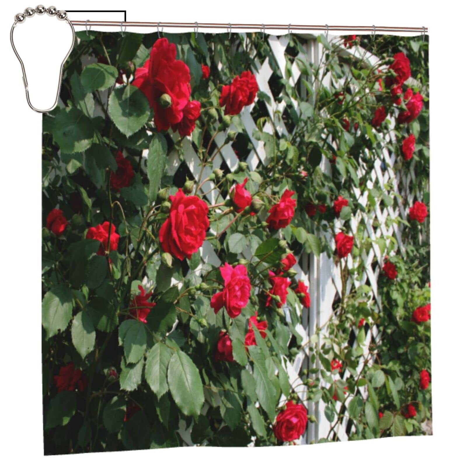 SATOHA Red Rose Flower and Green Leaf Shower Curtain Set With 12 Hooks - Bath Fence Garden Outdoor Scenic Fabric for Bathroom
