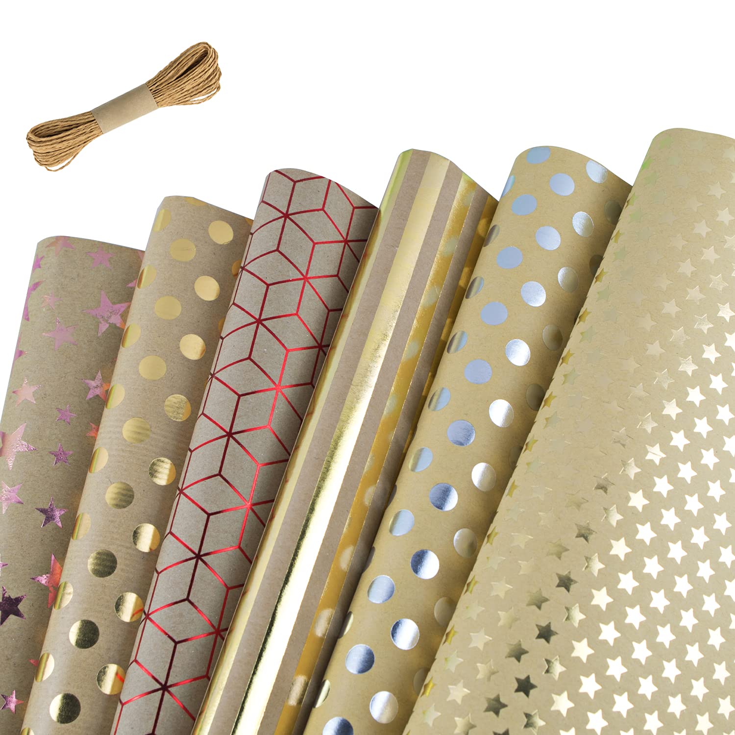 Printed Kraft Wrapping Paper, 6 Sheets Wrapping Paper Birthday for Women Kids Men, Recycled Gift Wrap Folded Packing Paper with Natural Flax String, 50 x 70 cm