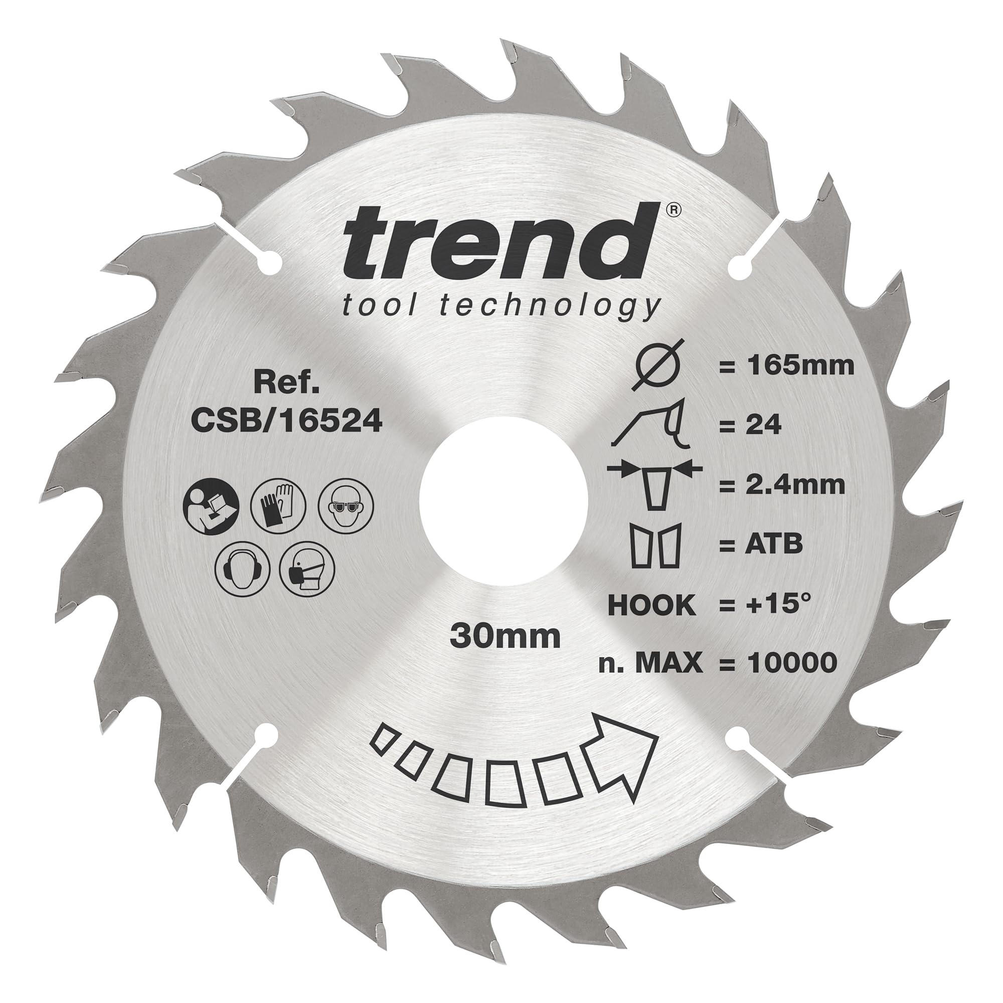 Trend Wood Circular Saw Blade, 165mm Diameter, 30mm Bore, 24 Teeth, 2.4mm Kerf, +15° Hook, TCT, Medium Finish, CSB/16524