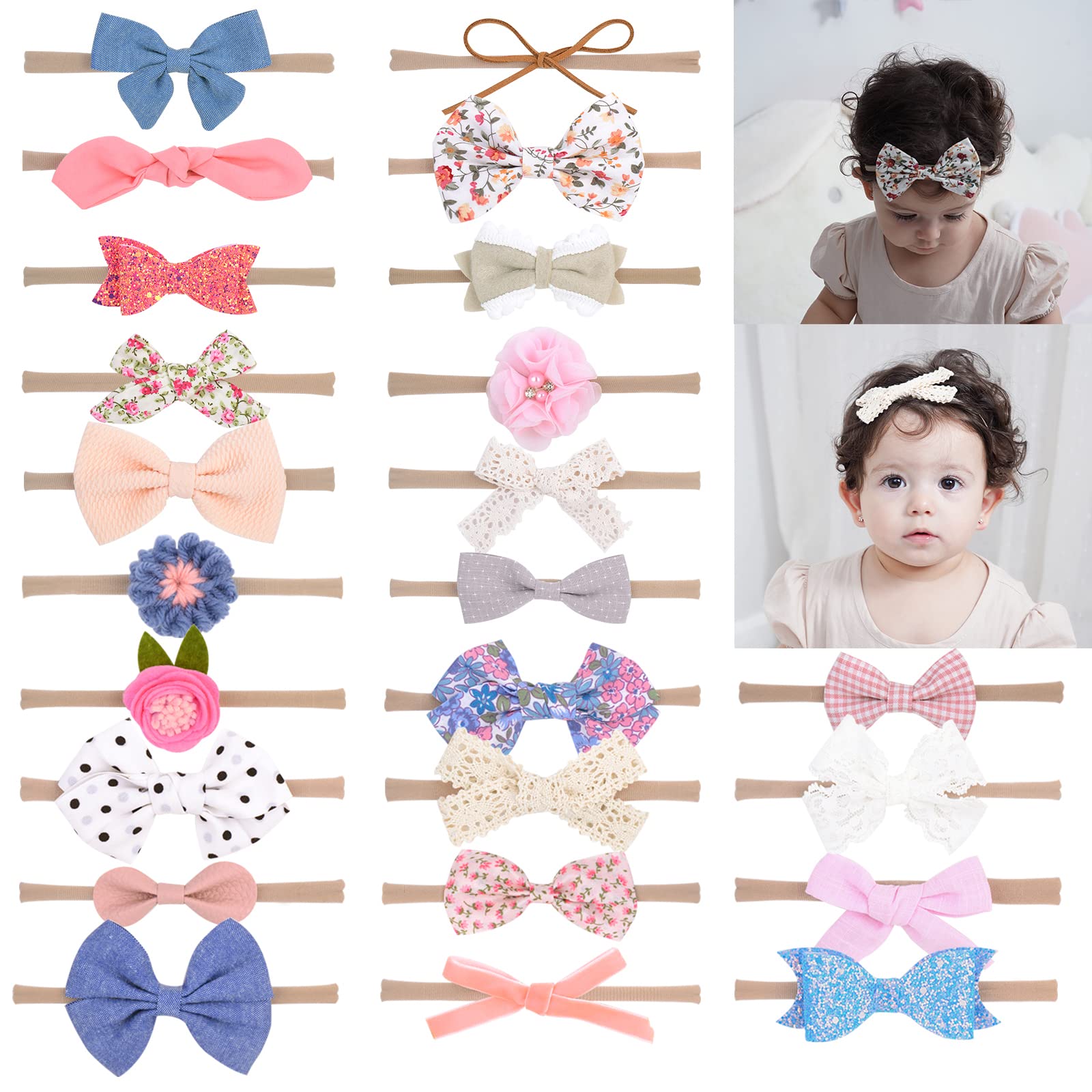 doboi 24pcs Baby Headbands Baby Girls Hair Bows Headbands Soft Nylon Flower Hairbands Elastic Hair Accessories for Newborns Infants Toddlers and Kids