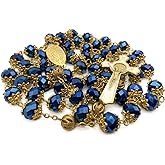 Nazareth Store St. Benedict Deep Blue Crystal Beads Rosary Prayer Necklace Golden Miraculous Medal & Gold Enamel Cross