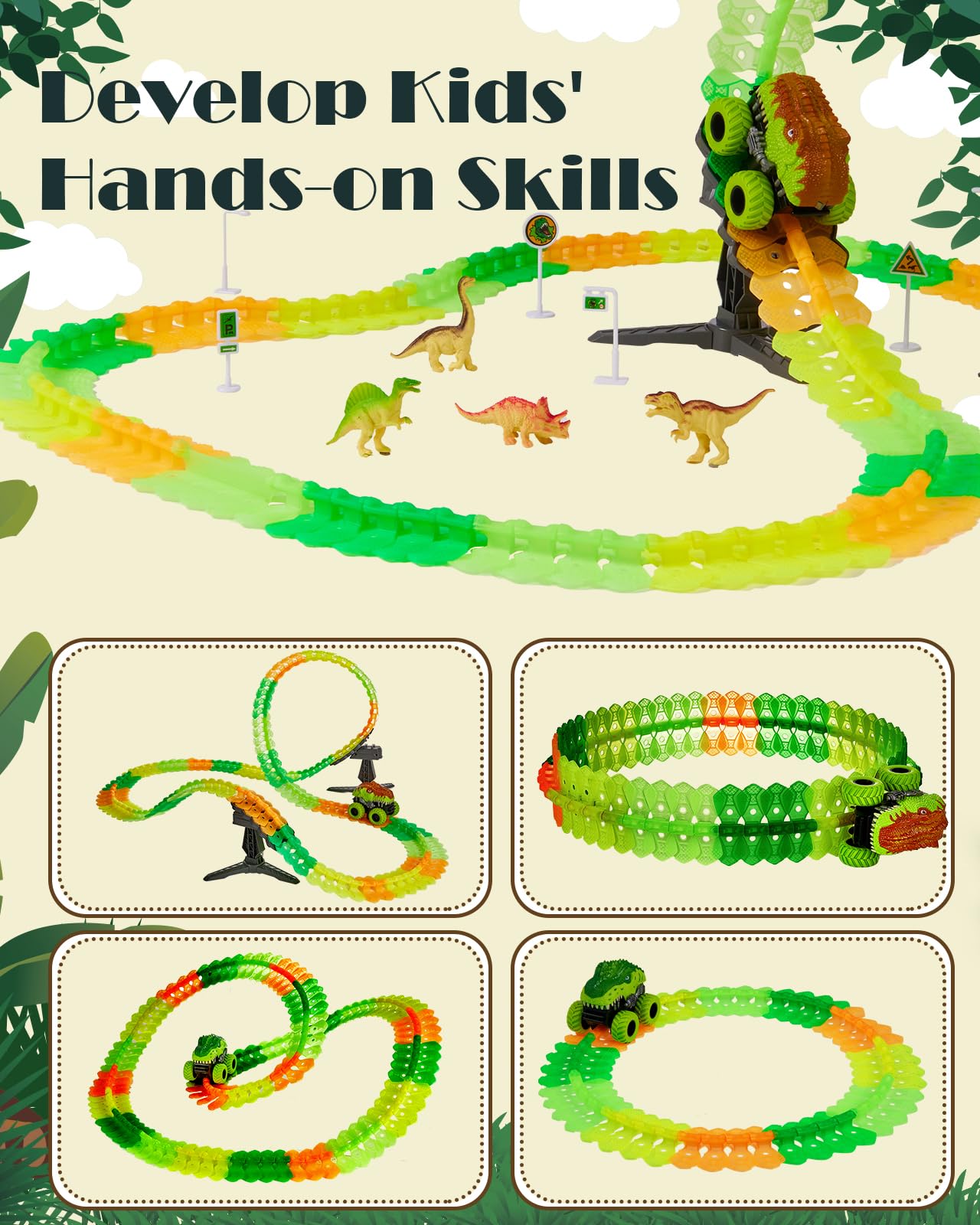 GleamKid 154PCS Rechargeable Car Track Toy Set, Glow Race Track, Flexible Car Tracks, Dinosaur Track Set Glow in The Dark, Race Train Track Toy for 3 4 5 6 7 8 Year Old Boys Gifts, 2*800mAh Batteries