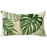 Fjfz Tropical Plant Lumbar Decorative Throw Pillow Cover 12 x 20, Rectangular Green Gold Monstera Palm Leaves Outdoor Home Decor, Spring Summer Seasonal Couch Cushion Case